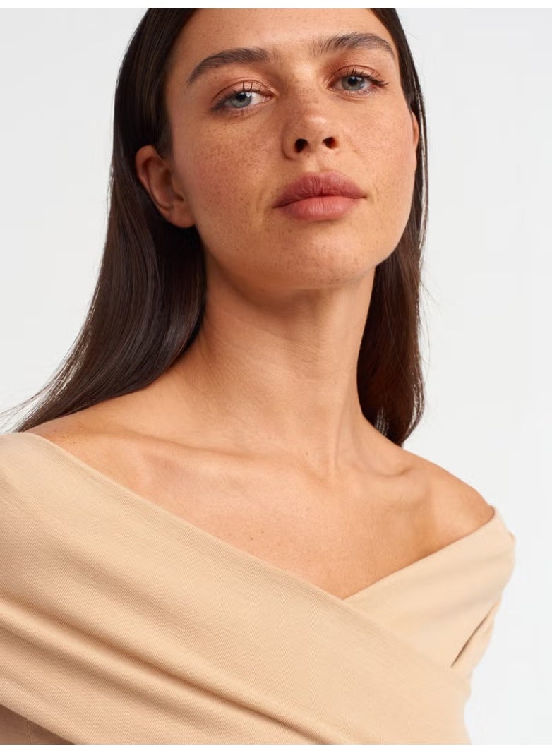 Dilvin 20828 Off Shoulders Gathered Bodysuit-Beige - Image 4